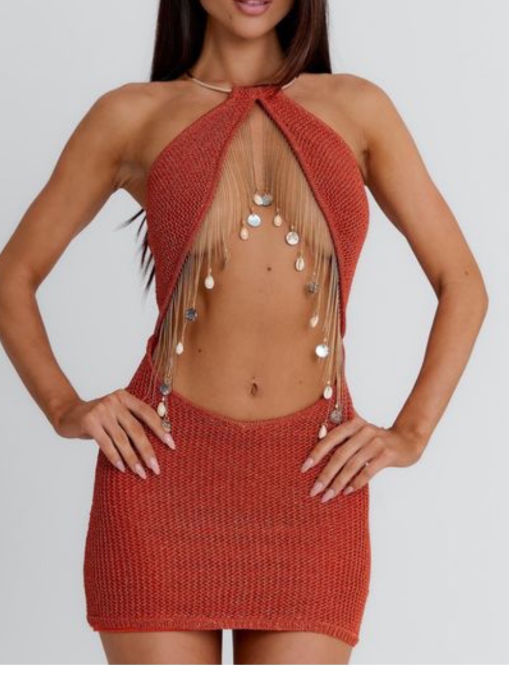 Halter Fringe Knit Swim Cover-Up in Rust